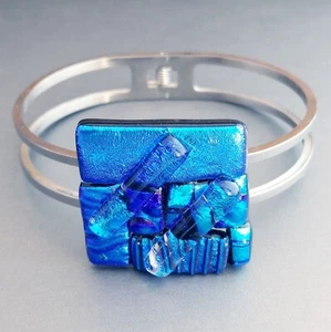 Artist Made Dichroic Glass Bracelet Blues Greens Purples Silver Tone Hinged  - Picture 1 of 7