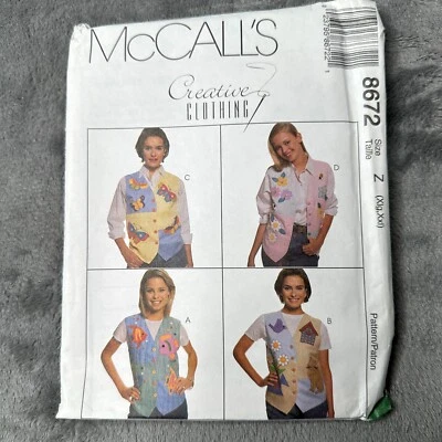McCalls 8672 Vest Pattern Sz XL-XXL 20-26 Appliqué Garden Fish Cat 90s OOP UNCUT - Image 1 of 4