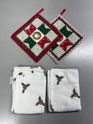 Hand Made Quilted Pot Holder Holiday Christmas House Kitchen Set + Holly Towels - Image 1 of 4