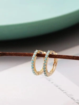 10ct Solid Gold Turquoise Stone Huggie Hoops Earrings December, sizes, gift, 9k - Image 1 of 4