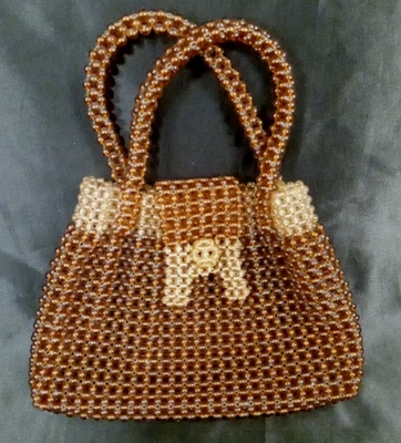 Bolso de mano vintage Art Deco de los años 30 con cuentas con cordón ámbar marrón con cuentas estilo francés Foto 1 de 4