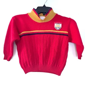 Vintage 1990s Fisher-Price Kids Knit Polo Sweater Red Gold Yellow Navy Blue Boys - Picture 1 of 7