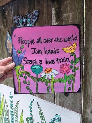 Love Train Song Lyric Painting on 10 x 10 x 1/4" wood panel, The O'Jays 70s band - Image 1 of 4