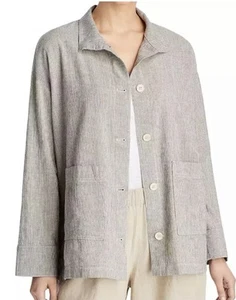 Eileen Fisher Organic Cotton Linen Ticking Stripe Jacket Women XL Neutral Black - Bild 1 von 14