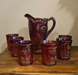 Imperial Glass Pitcher Sunset Ruby and 6 tumblers Carnival Glass - Picture 1 of 9