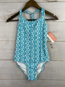 Garnet Hill Kids One Piece Swimsuit Girls 10 Aqua Fish Print Beach T Back NWT - Picture 1 of 9