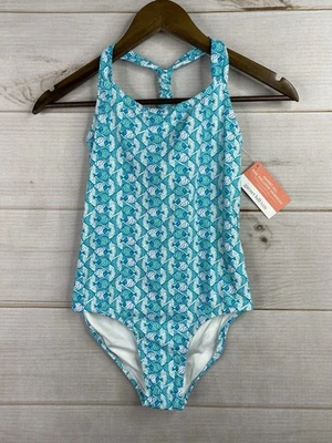 Garnet Hill Kids One Piece Swimsuit Girls 10 Aqua Fish Print Beach T Back NWT - Image 1 of 4