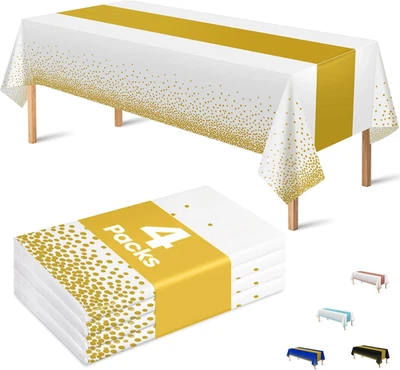 4 Pack Disposable Plastic Table Cloths for Parties,White and Gold Rectangle Tabl - Image 1 of 4