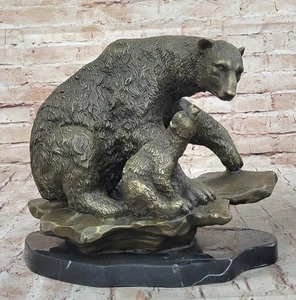 Escultura de oso y cachorro de bronce sobre base de mármol estatua de vida silvestre fundición de cera perdida - Imagen 1 de 10
