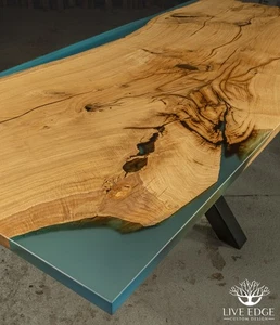 TAVOLO DA PRANZO FIUME RESINA EPOSSIDICA BORDO VIVO SU MISURA PERSONALIZZATO FATTO A MANO UK ROVERE NOCE - Foto 1 di 24