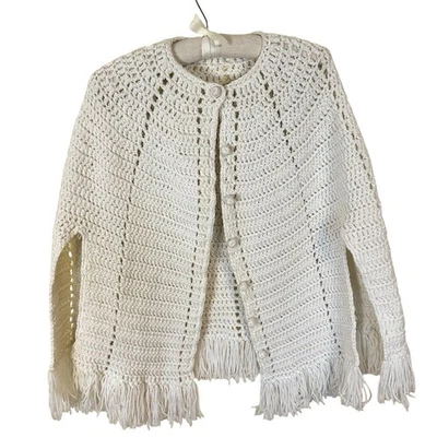 Vintage Womens White Knit Poncho Handmade Hippie Bohemian Med Large Fringe - Image 1 of 4