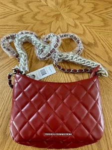 French Connection Eliza Diamond Quilted Metallic Chain Crossbody Red NEW Bag Zip - Picture 1 of 5