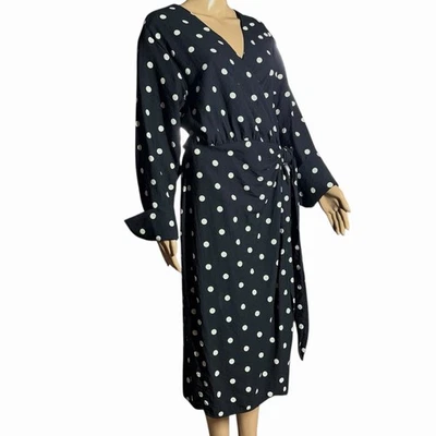 H&M Womens Wrap Dress Black White Polka Dot Midi Extra Long Sleeves Sz M - Image 1 of 4