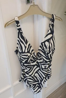 Women's Tesco F&F Zebra Print Swimming Costume Lined with Gold Detail - Size 10 - Image 1 of 4