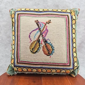 Vintage Needlepoint Pillow Mandolin Musical Instrument Decor Accent Pillow - Picture 1 of 6