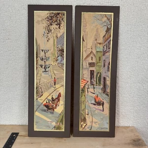 Vintage Pariser Straßenszene Wandbilder 2er Set schmale gerahmte Drucke signiert 19x6 - Bild 1 von 10