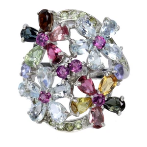 Estate 925 Anello Argento Pera Acquamarina Peridoto Tormalina Gemma Gioielli 8 - Foto 1 di 14