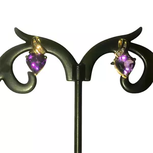 10k Yellow Gold Amethyst HEART Post Earrings Diamond Accented Butterfly Backs 2g - Picture 1 of 13