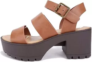 Soda Account Knöchelriemen abgerundet offene Zehenpartie Riemen Block Absatz Sandalen hellbraun - Bild 1 von 2