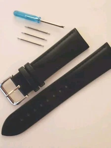 Echt Leder Uhren Armband schwarz 22mm silberf. Schließe - Bild 1 von 2