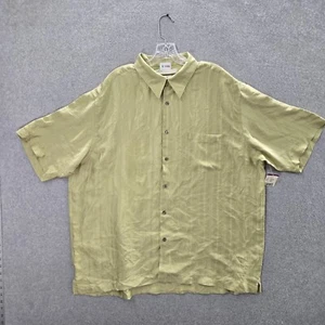 Perry Ellis Men Button Up Shirt 2XL Green 100% Silk Short Sleeve Collar NWT - Picture 1 of 9