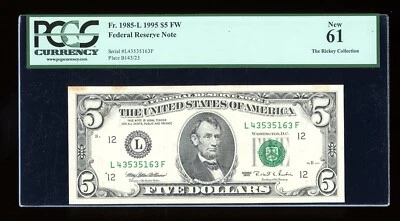 DBR 1995 $5 FRN San Francisco Fr. 1985-L PCGS 61 Serial L43535163F - Image 1 of 2