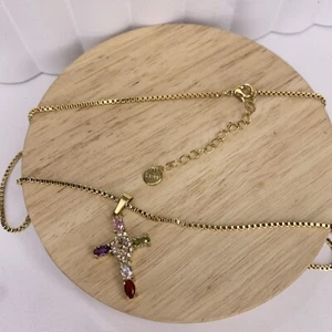 Kopen Australia | Gold Plated Cross Chain Necklace Rainbow Crystal Rhinestone - Picture 1 of 7