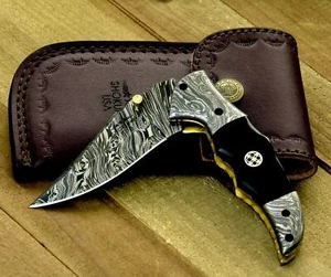 CUSTOM HANDMADE FORGED DAMASCUS STEEL EDC POCKET FOLDING BLADE KNIFE + SHEATH - Picture 1 of 9
