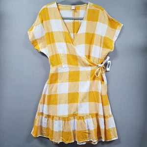 Old Navy Kleid Damen groß gelb Wickeloptik vorne Gingham Cottagecore Leinenmischung - Bild 1 von 10