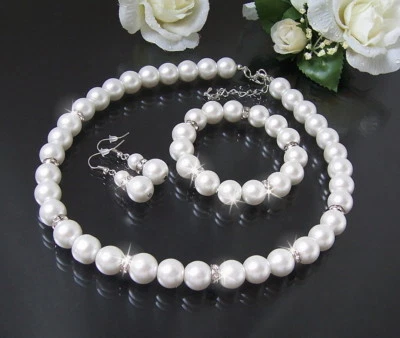 Schmuck Hochzeit Set Kette Armband Ohrringe 12mm Perlen Weiß 3-Teile Braut S1447 - Bild 1 von 4