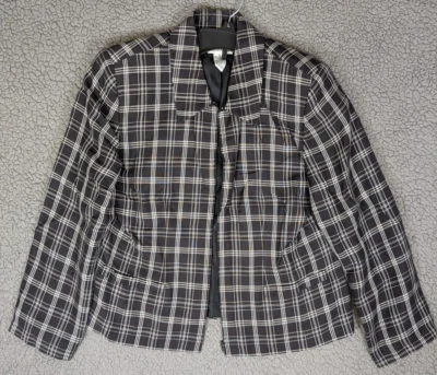 Blazer Talbots a Cuadros Talla 12 Ventana Negro Blanco Cremallera Mezcla de Lino Carrera Foto 1 de 4
