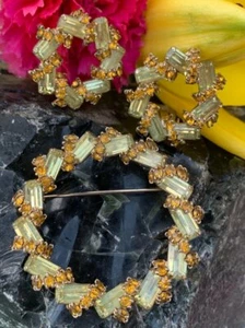 Vintage Rhinestone Yellow & Amber Circle Wreath Brooch & Earring Jewelry SET - Picture 1 of 9