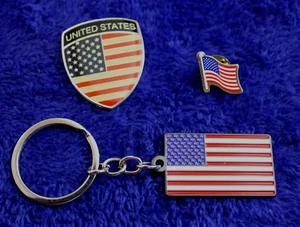 Trio of US Flags Metal Badge Hat Lapel Pin Key Chain Key Ring Accessory - Picture 1 of 11