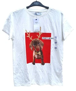 MARKS & SPENCER Niños Camiseta Blanca Fiesta de Navidad Perro con astas 8-9 Años - Imagen 1 de 6