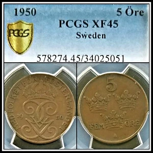 1950 Sweden 5 Öre PCGS XF 45 Extremely Fine Toned Bronze Coin - Picture 1 of 5