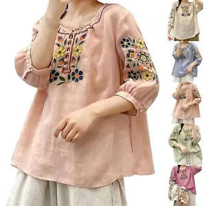 Women Cotton Linen Tops Summer Boho Embroidered Mexican Blouse Casual Oversized - Picture 1 of 27