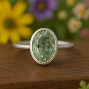 925 Anillo Plata de Ley Verde Natural Amatista Corte Ovalado Bisel Mujer Sizeal - Imagen 1 de 12