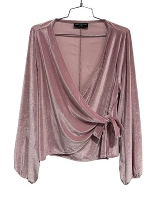 Top envolvente Lane Bryant talla grande 14/16 terciopelo terciopelo sobrepelliz corbata manga larga rosa Foto 1 de 4