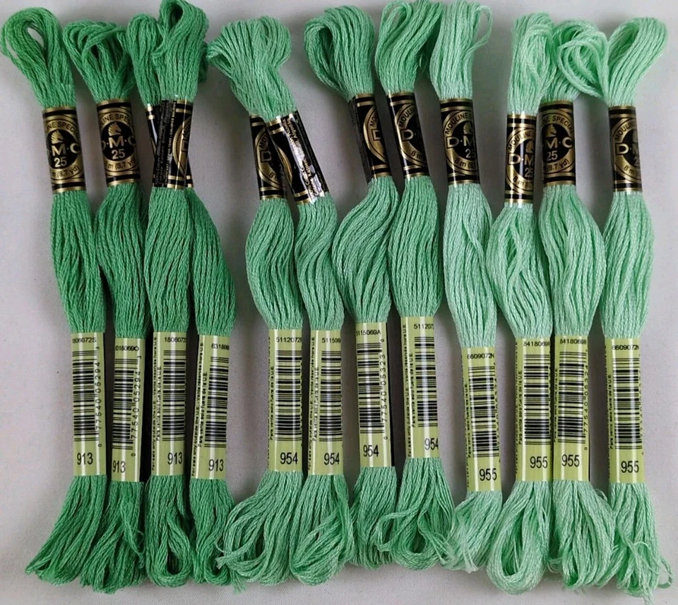 DMC 6-Strand Embroidery Cotton - Nile Green Shades 913 955 954 - 12 Skeins 8.7yd - Image 1 of 1