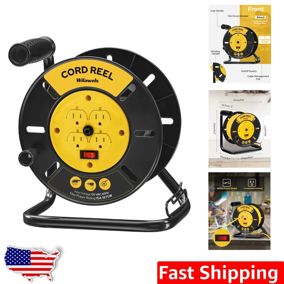 Retractable Extension Cord Reel - 100ft with 4 Outlets & Safety Circuit Breaker - Image 1 of 4