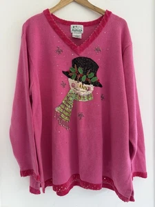 Quacker Factory Bright Pink Snowman Sequin Chenille Trim Sweater 2X - Picture 1 of 6
