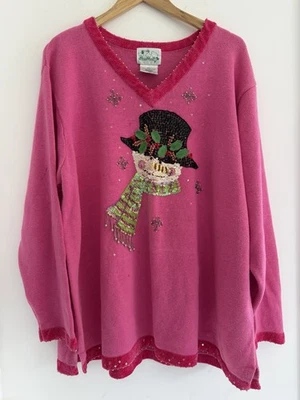 Quacker Factory Bright Pink Snowman Sequin Chenille Trim Sweater 2X - Image 1 of 4
