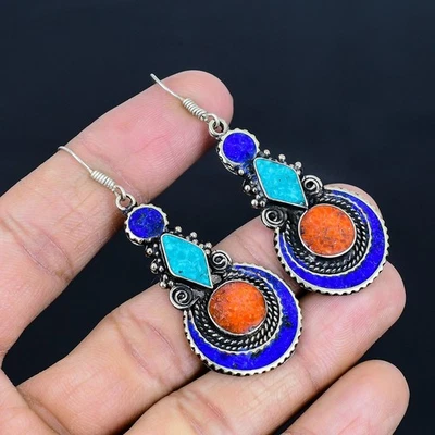 Orecchino nepalese tibetano argento sterling 925 corallo turchese... - Immagine 1 di 4