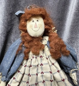 Vintage Primitive Rag Doll Red Hair Heart Dress Folk Art 17” - Picture 1 of 7