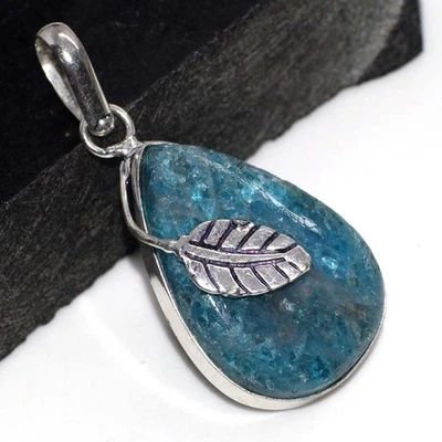 Leaf Blue Apatite 925 Silver Plated Handmade Pendant 2" Unique Jewelry GW - Image 1 of 3