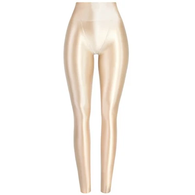MJINM Glitter Satin Elastic Wide Waist V-crotch Leggings Yoga Ankle-length Pants - Image 1 of 4