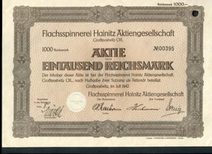 Deutschland : RAR Aktienzertifikat von 1942 - 1000 RM - Flachspinnerei Hainitz - Bild 1 von 2