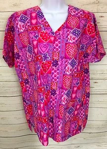 Valentine's Day Pink Purple Hearts Ribbon Medical Veterinary Scrub Top Size S - Picture 1 of 3