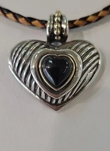 Flli Menegatti 925 Sterling Silver and Gold Onyx Heart Necklace Italy - Picture 1 of 12