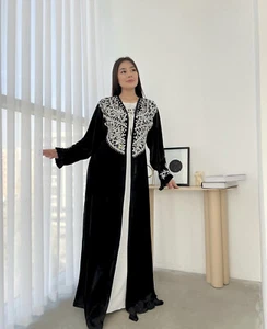 Sale Black Velvet Moroccan Kaftan Abaya Wedding Dress Very Fancy Long Gown 467 - Picture 1 of 5